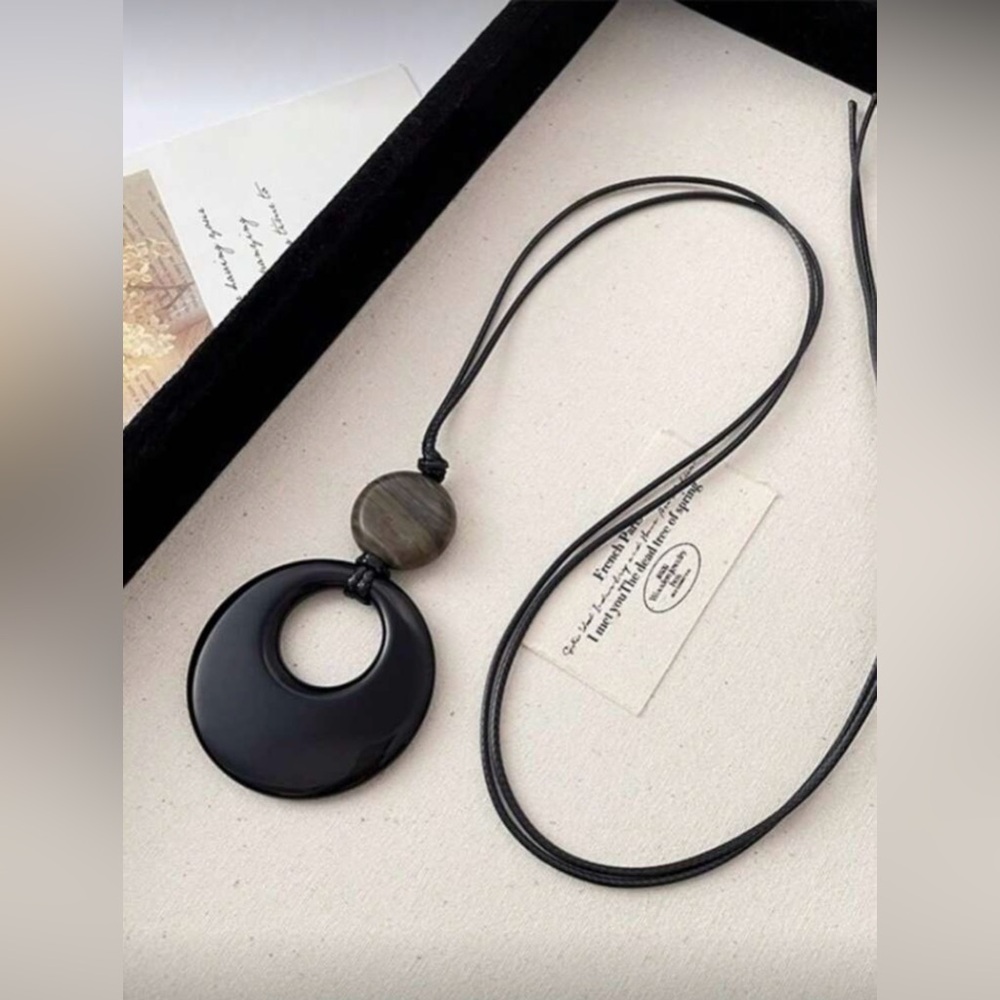 NWT Black Circle Pendant Necklace Long Leather Cord Geometric Minimalist 30”